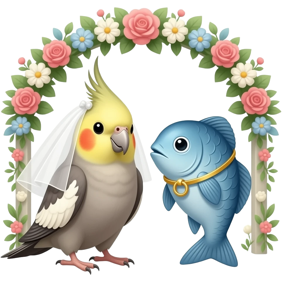 Create a wedding picture between a cockatiel and a fish emoji