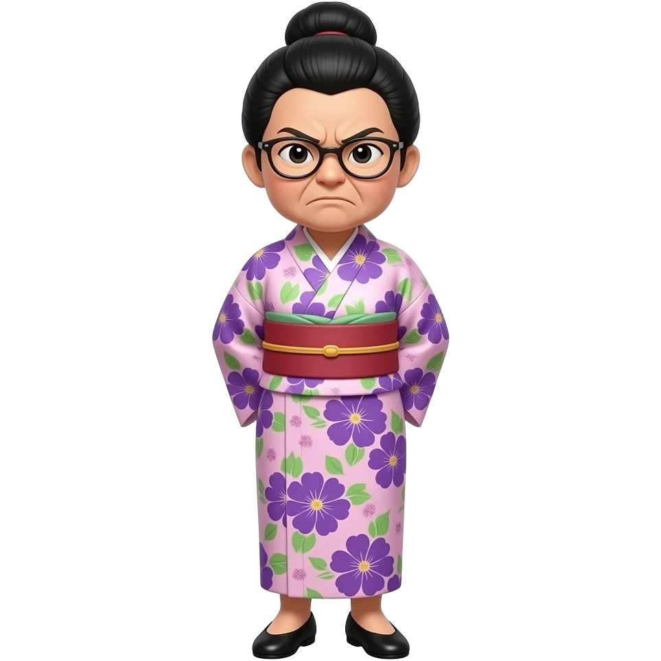 angry elderly asian woman, with black hair in a bun, wearing glasses and a rose pink, purple and green floral japanese dress and black flat shoes, with her hands behind her back emoji