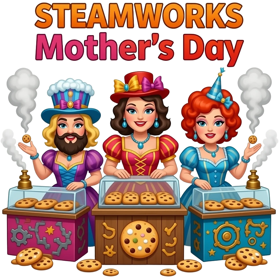 Poster "SteamWorks, celebrates Mothers Day"  "Freshly baked cookie scent in all stalls." With bearded drag queen moms no women  theme. emoji