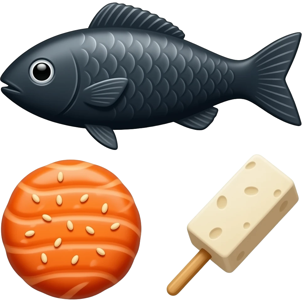 black triangle fish texture, orange fish patty with sesame seeds, beige rectangular tofu on a spicy stick emoji