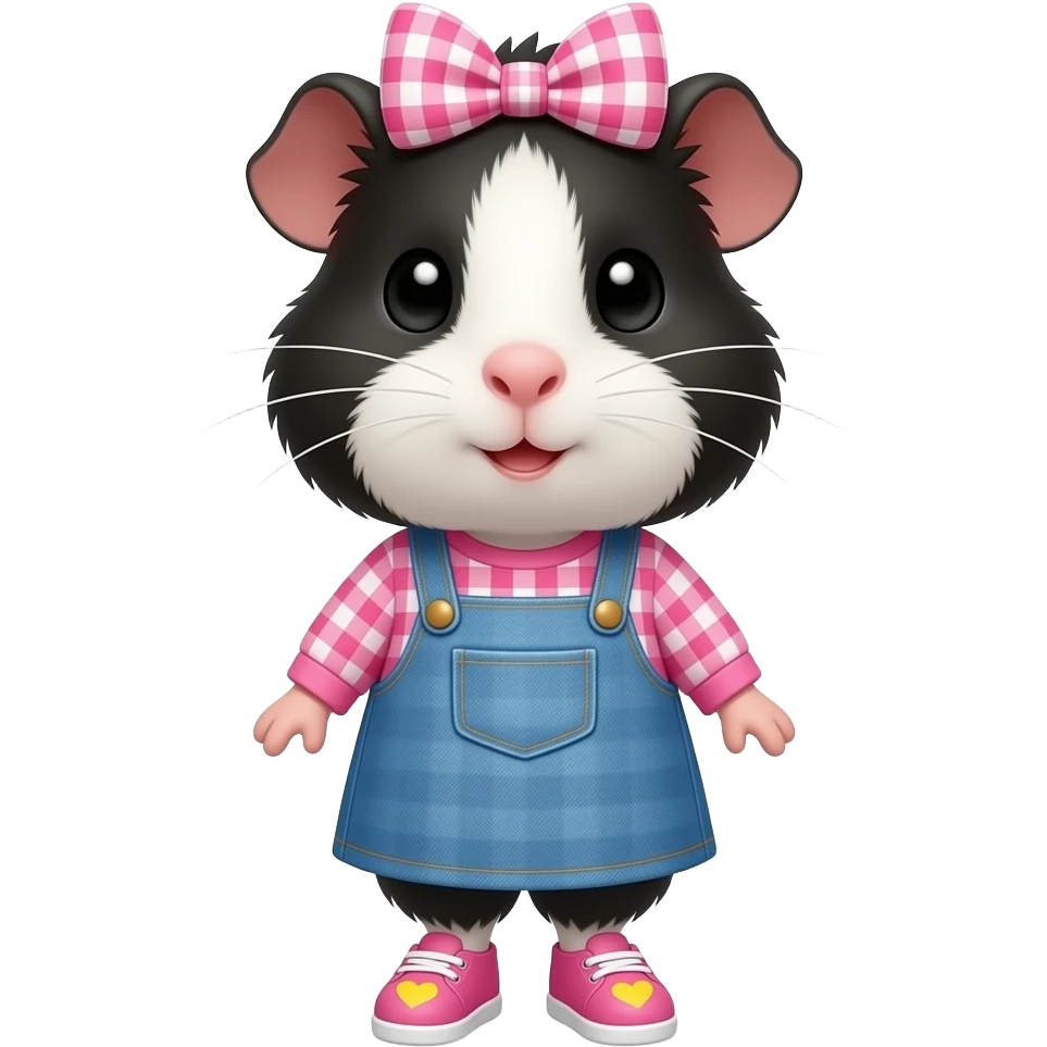 black and white guinea pig with pink long sleeve gingham shirt, jean dress, pink shoes with yellow hearts and a pink gingham bow in hair emoji