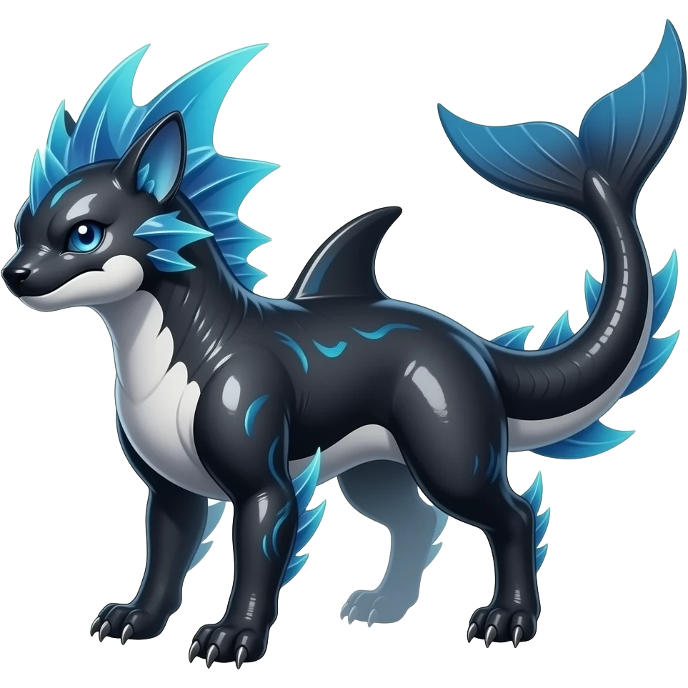 Tough realistic Quadrupedal digitigrade shiny glossy smooth finned frilled gothic tall slim unique epic legendary shiny edgy cool cyberpunk-solarpunk-fantasy-Sharpedo-Sceptile-Sprigatito-Flyogn-Vaporeon-Electrike-Fakémon-hybrid with an orca tail emoji