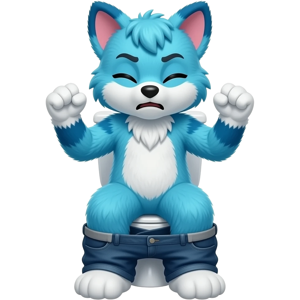 blue fursuit sitting on toilet, front view , pants down, pushing, eyes closed, straining face, fists emoji