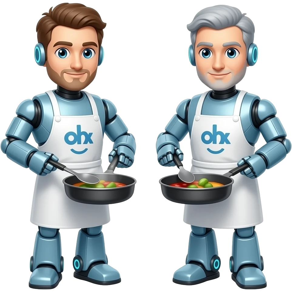 pair of funny friendly looking robots cooking, their faces look like human's (white dudes) emoji