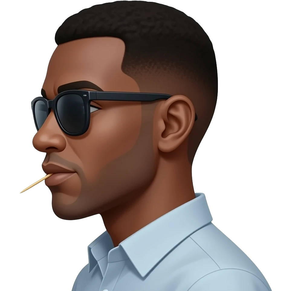 Serious side zed mouth one eye brow with no beard upafrican  face wear sun glases and shirt with toothpick in the mouth emoji