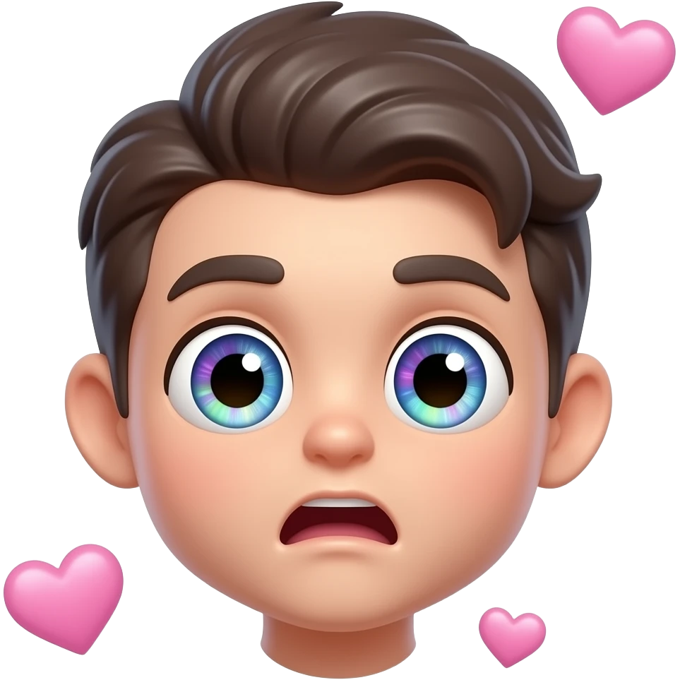 Cute happily shocked emoji with huge sparkling eyes, glowing holographic highlights, glossy 3D texture, floating sparkles and hearts, kawaii internet sticker style emoji