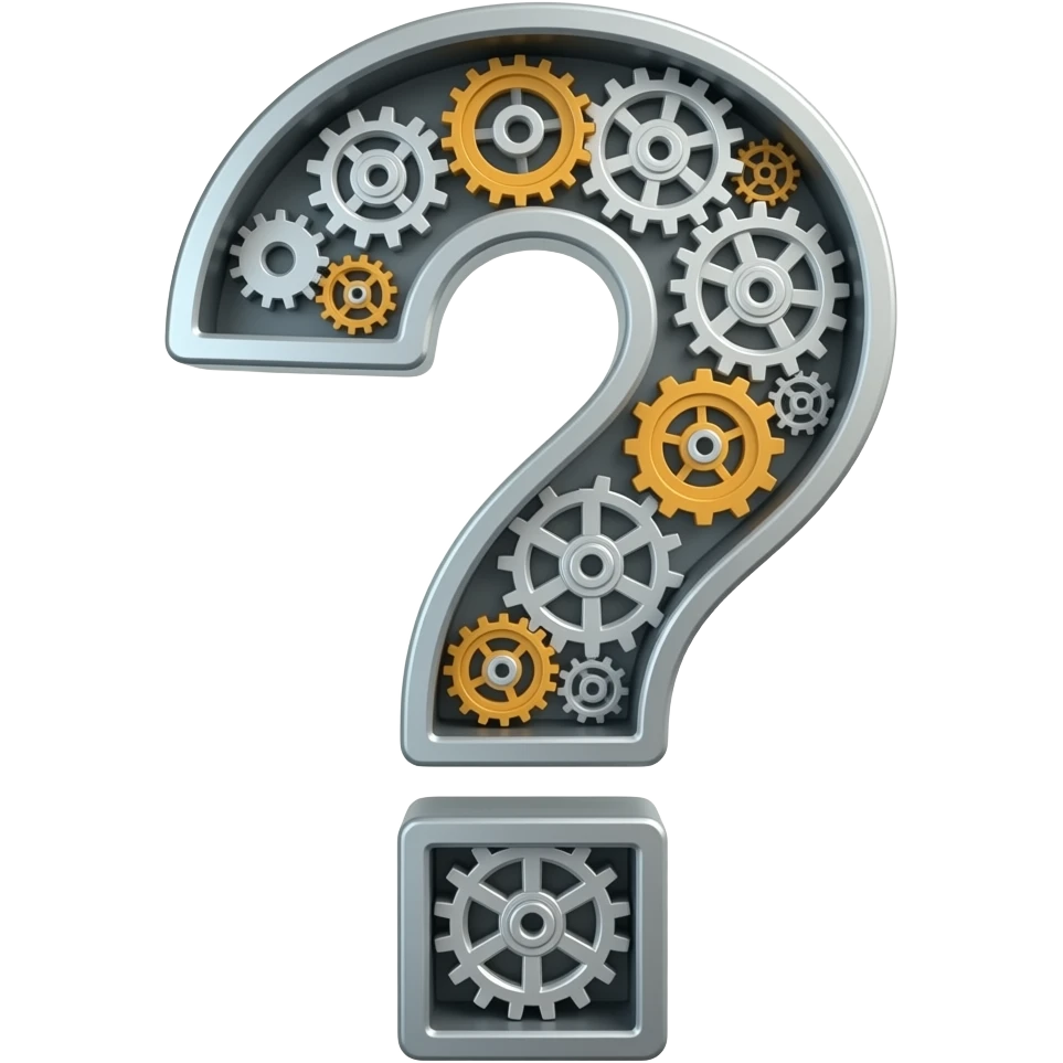 this same image (interrogation sign) but instead of a blue color, i want to have gears and mechanical elements inside of the interrogation sign emoji