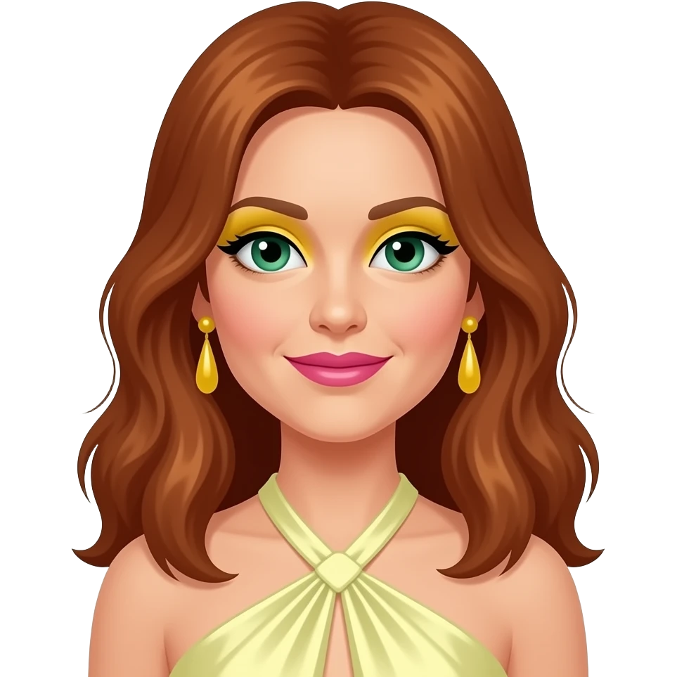 Anni-Frid Lyngstad from ABBA with green eyes, long reddish brown hair, yellow eyeshadow, pink lipstick, light yellow metallic halter dress, yellow earrings emoji
