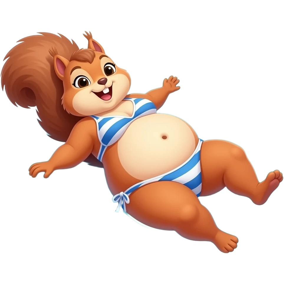 The female squirrel enjoys the beach holiday in her swimmers,but she is so full from a lunch break that she is about to burst,Then her fat Tummy rolls & drops out,she will just lay on her back in the shallow cool water,her gluttonous bellybutton promotes a good resort business. emoji
