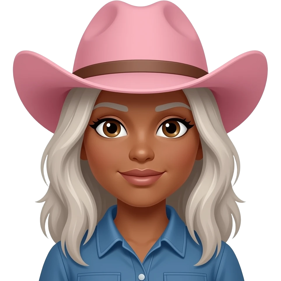 Cowgirl with pink hat dark tanned skin grey/blonde hair brown eyes emoji