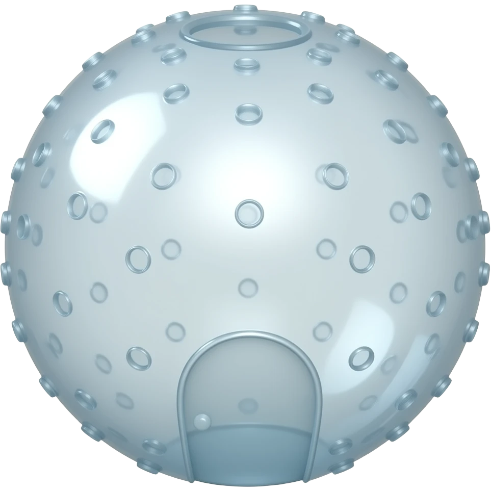 Create a cute 3D emoji icon of a transparent pet exercise ball toy with small air holes and a round door. Empty object only. No animal, no creature, no character, no face, no eyes. Glossy clear plastic, soft highlights, centered on transparent background, no text. emoji