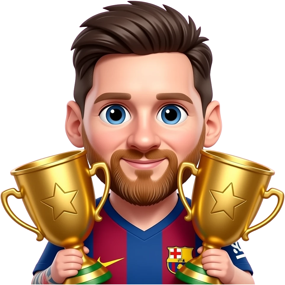 Create a 3D chibi Messi emoji sticker, glossy cartoon style, pink background, consistent Messi design, no text, two oversized golden trophies partially hidden behind the shoulders, vibrant lighting emoji
