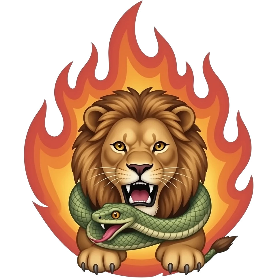 A tattoo of a snake chocking a lion on fire emoji