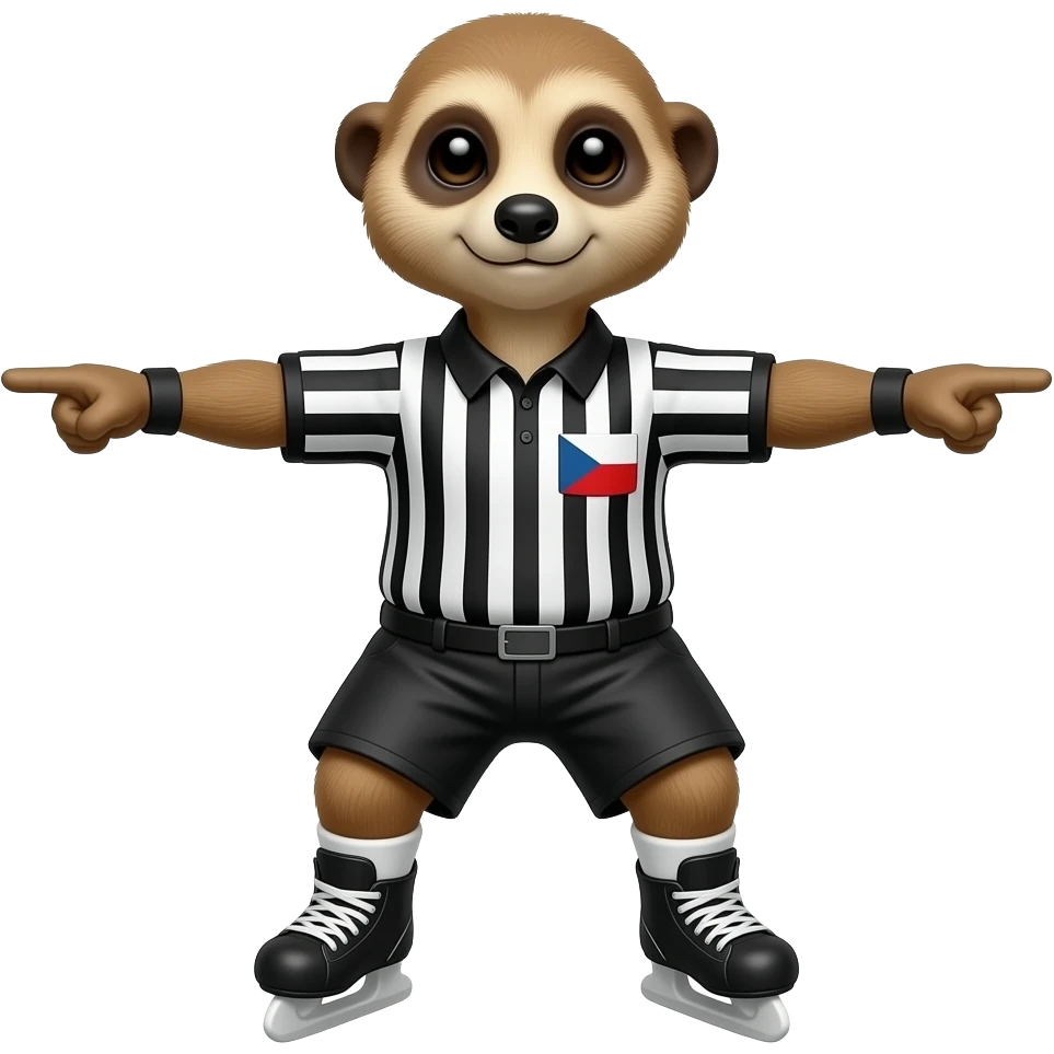 Create a meerkat hockey referee with skates and bald head and Czechs flag on shirt NO-GOAL posture with both hands showing to side emoji