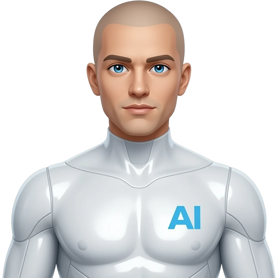Erstelle eine sexy männliche Science-Fiction AI mit durchsichtiger weißer und glänzender Plastik artigen Haut mit Brustwarzen, das Gesicht und Körper auch. er hat keine Augenbrauen und keine Haare. Ein AI Logo als Schrift leichten blau auf seiner rechten Brust und seine Augen leuchten  auch blau emoji