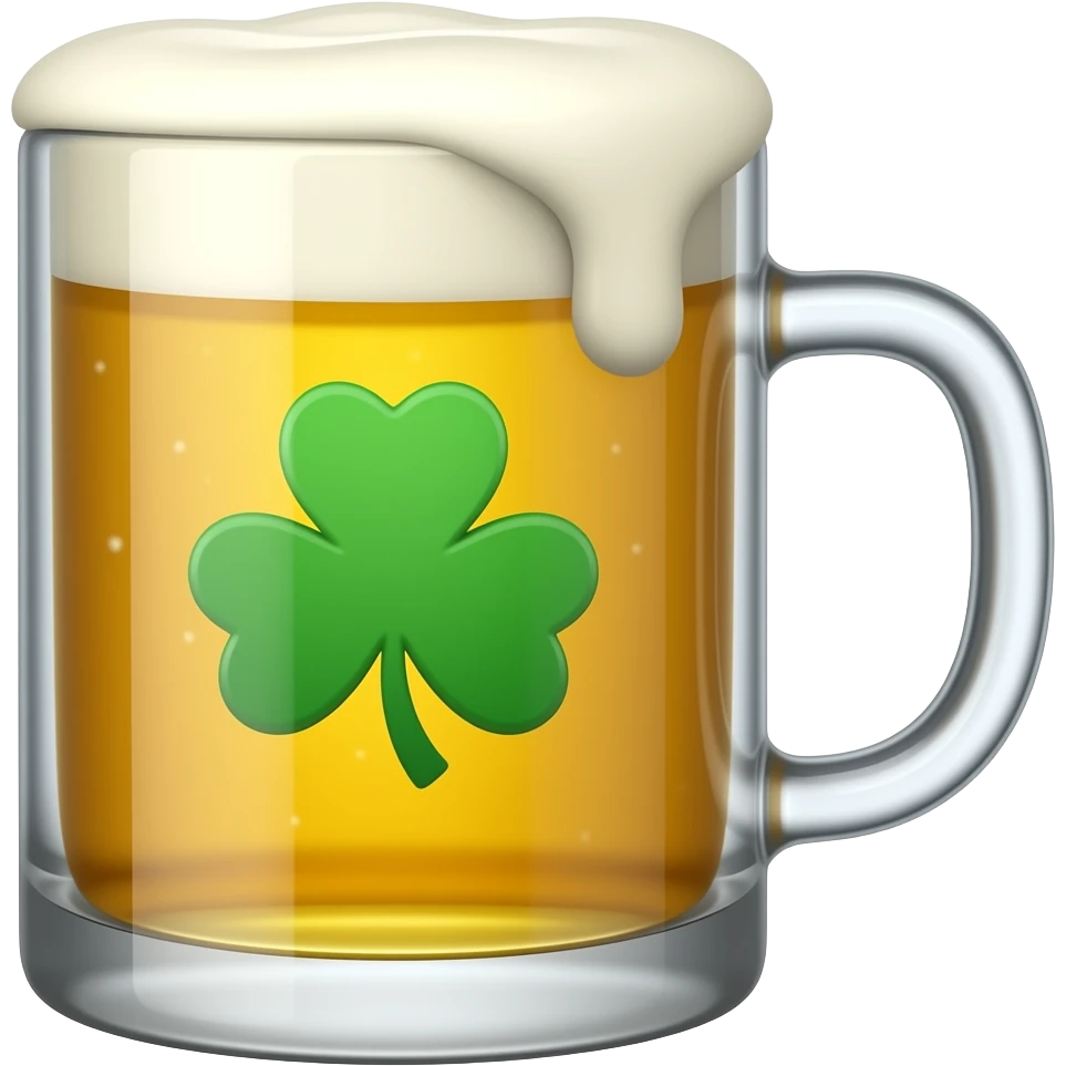 McCarthy's Irish Pub: 3D emoji style, glossy surface, soft shadows, white background, centered, no text, mug of beer with four leaf clover on it, bright green, emoji