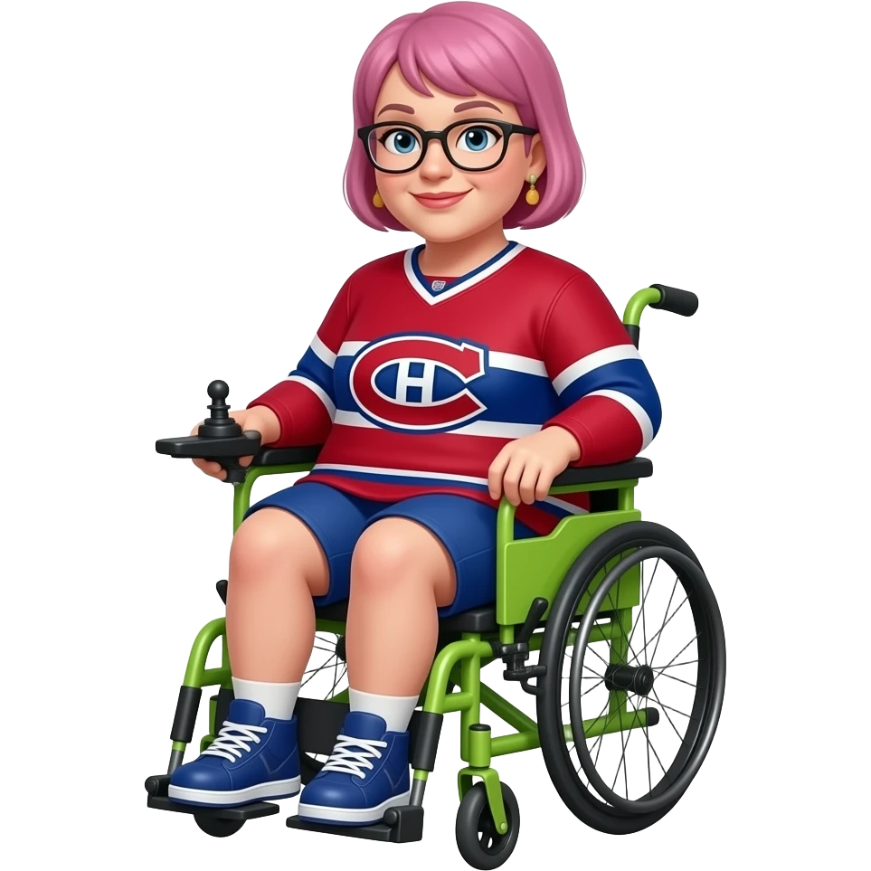 fat woman with very short pink hair and eye glasses canadiens jersey lime green electric wheelchair emoji