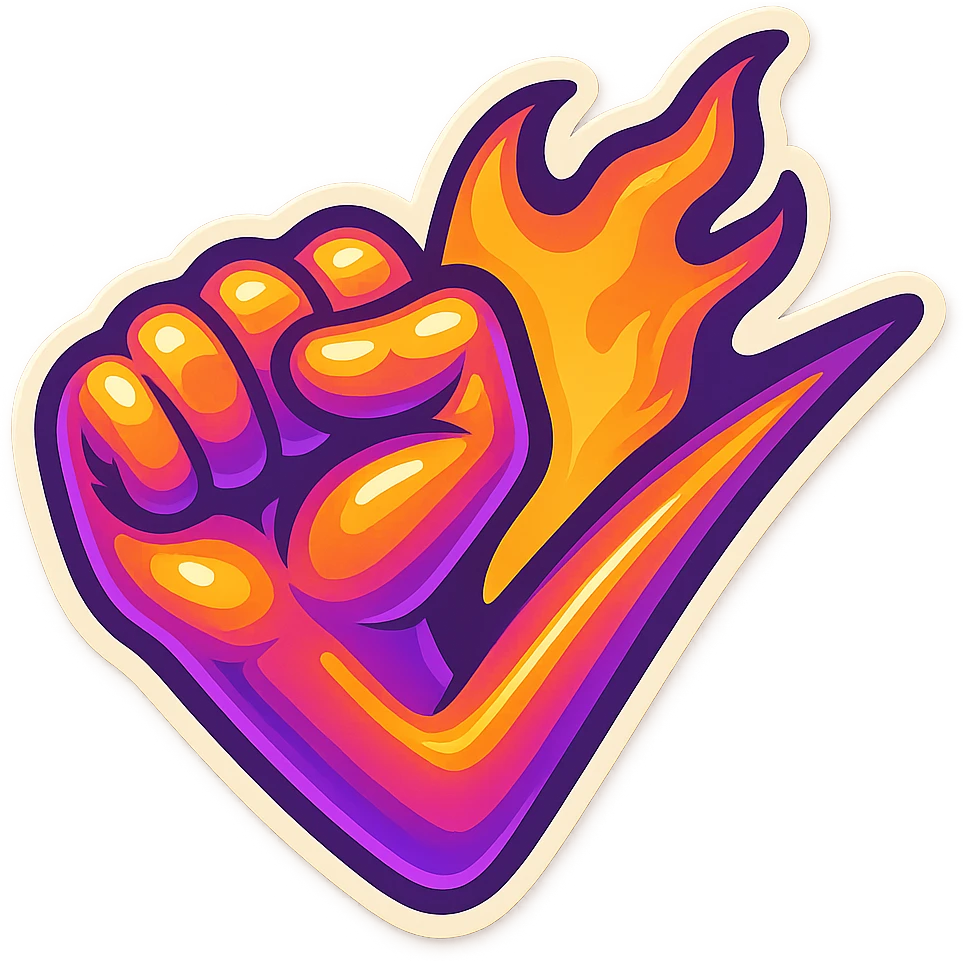 horizontal flaming fist, emoji, gradient : #FF7A1A, #FF3CAB, #9D34FF, sticker border white, matching reference file emoji