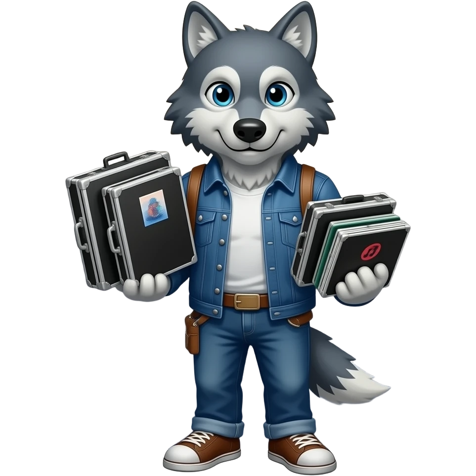 rocky wolf with rock music albums in his hands rounded square outter form gradients emoji