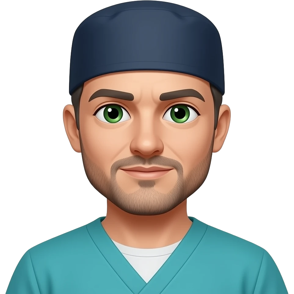 surgeon with dark gray hair, beard stubble and green eyes in dark navy scub cap, torquoise scrubs with no eyeware emoji