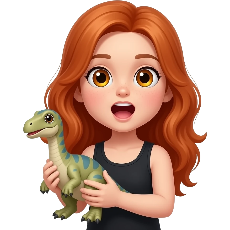 ten year old with long red hair and amber eyes and a black tanktop holding a gallimimus plush and saying "RAW!!" emoji