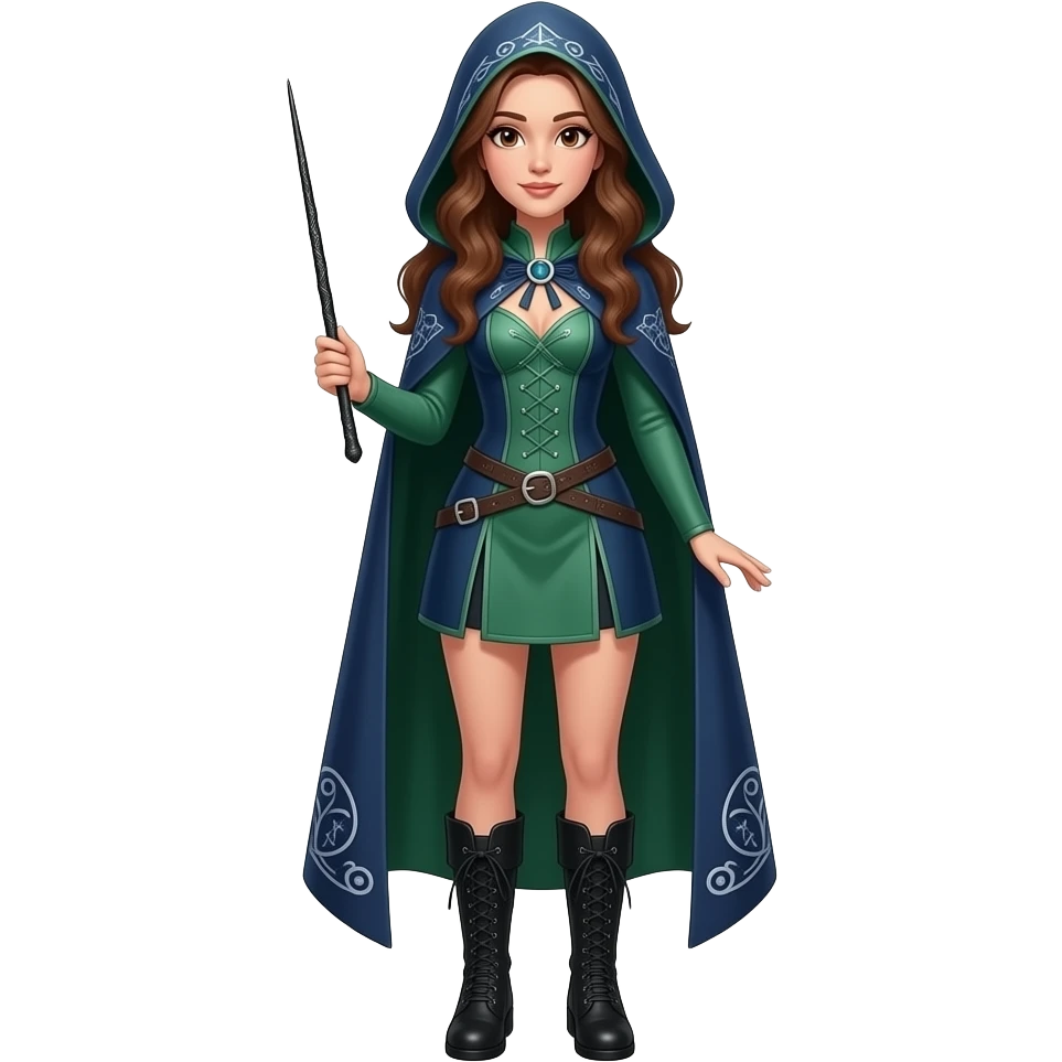 A full body White/Fair skinned woman with brown hair and brown eyes and wearing a Blue and forest green Witch outfit with black ankle boots and holding a pure black wand. emoji