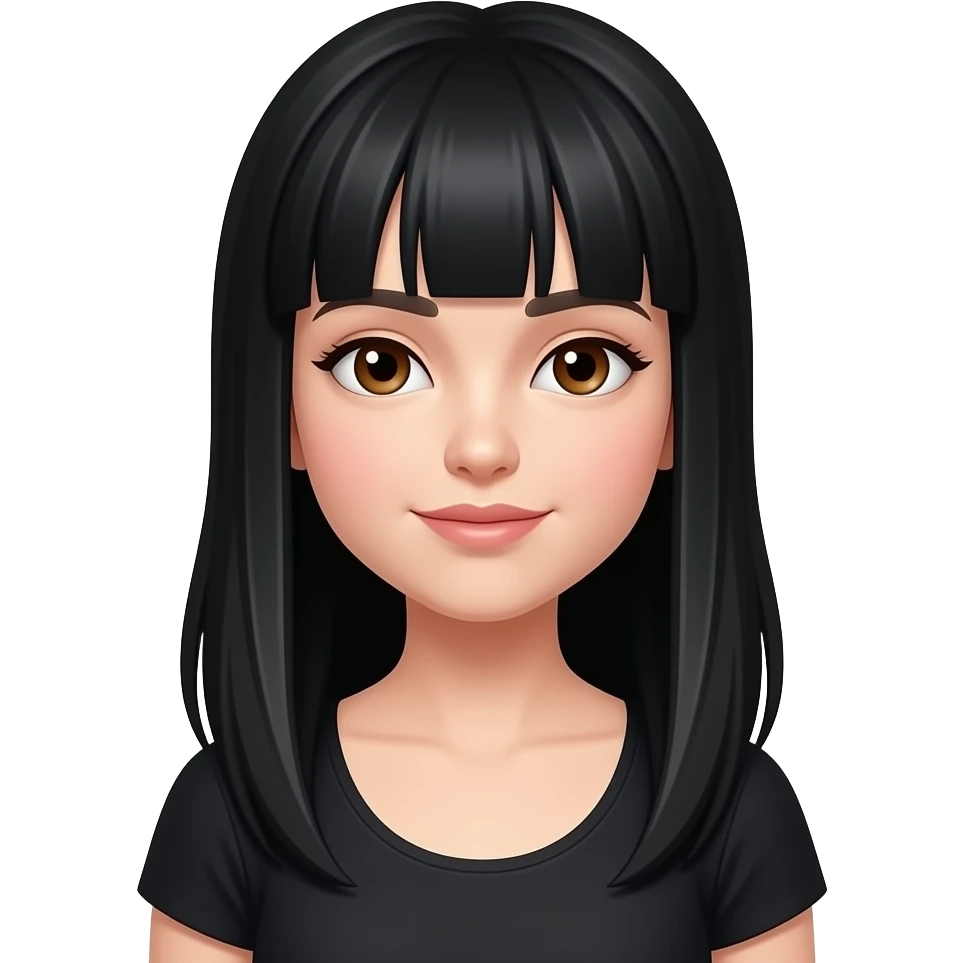 Chica pelinegra con pelo muy largo y negro y flequillo lacio partido a la mitad y que sea blanca y con ojos marrones y con top negro cerrando los ojos emoji