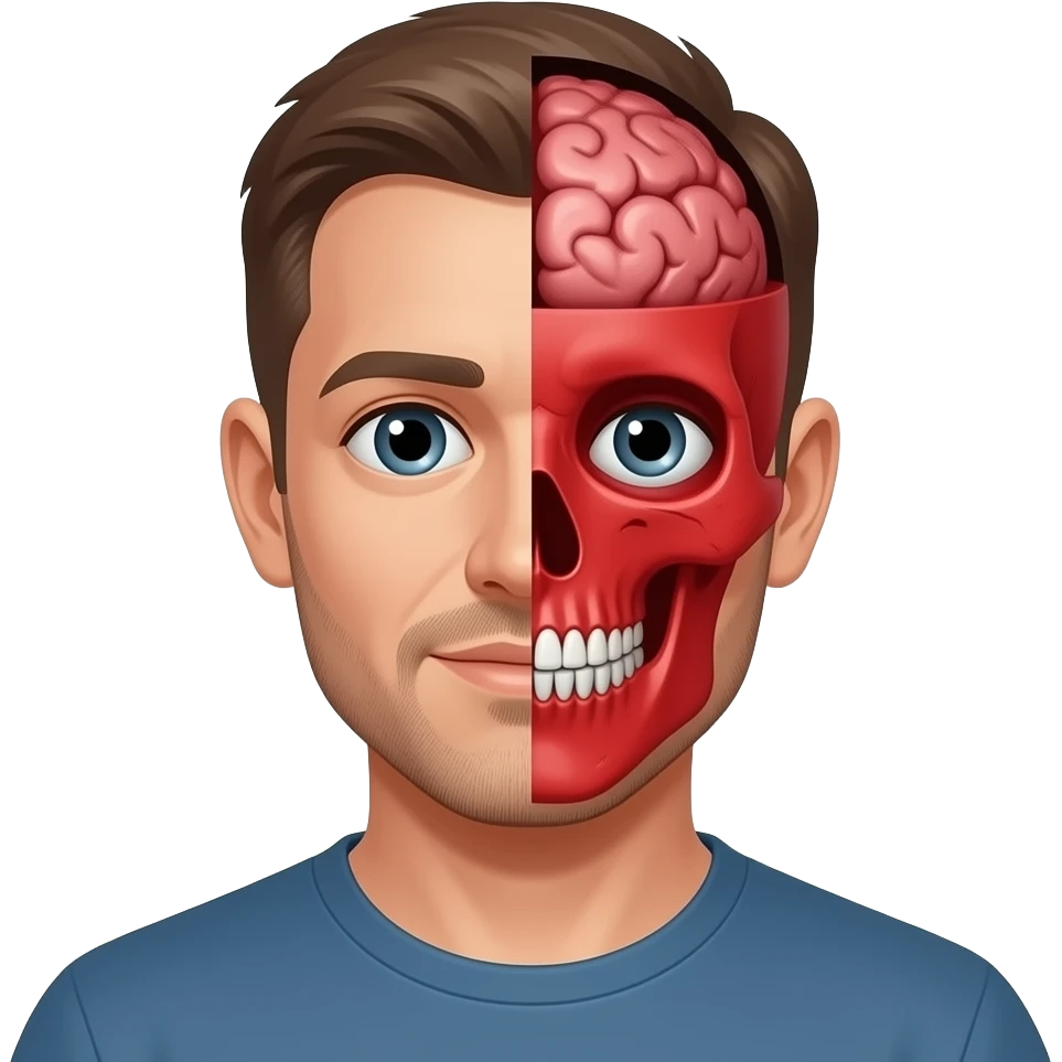 A guy half of his head is gone and his skeleton is exposed and the skeleton head is color read his eyes half ears gone and his brain exposed emoji