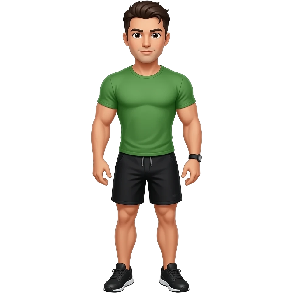 muscular jock with dark brown hair, combed back, wearing a green t-shirt, black shorts, black athletic shoes and a small black wristband emoji
