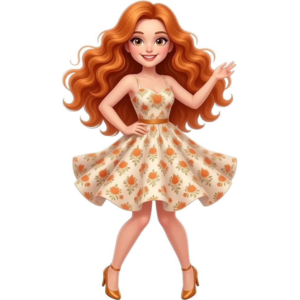 sexy girl with overlong wavy ginger hair and ginger eyes is wearing a dress and is dancing, the full body is to seen emoji