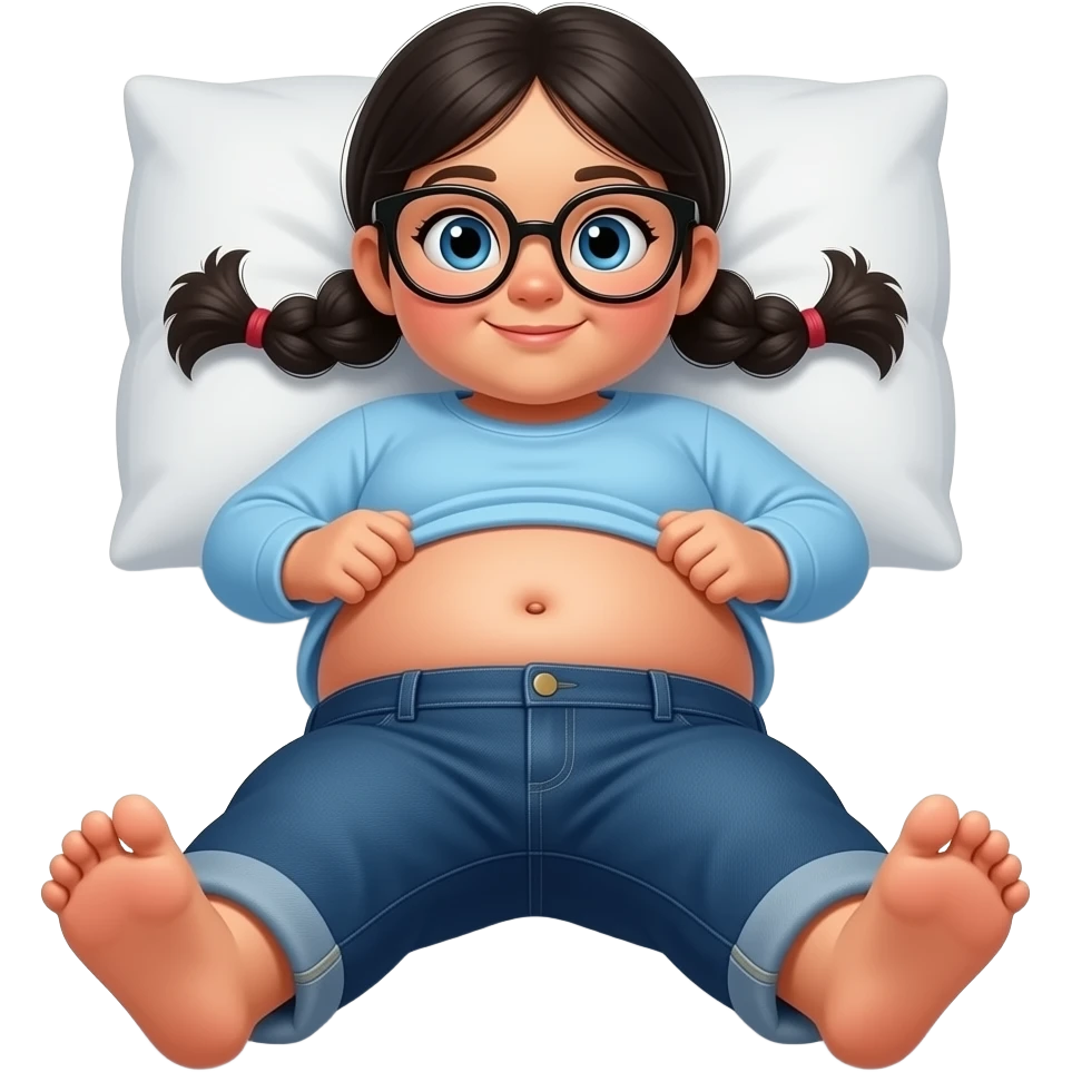 Obese Hispanic little girl with black pigtails and blue eyes rounded black glasses plain light blue long sleeve shirt and dark blue baggy jeans and belly button laying down on her pillow on her bed showing her feet lifting her shirt all the way up with fat belly button looking at her belly emoji