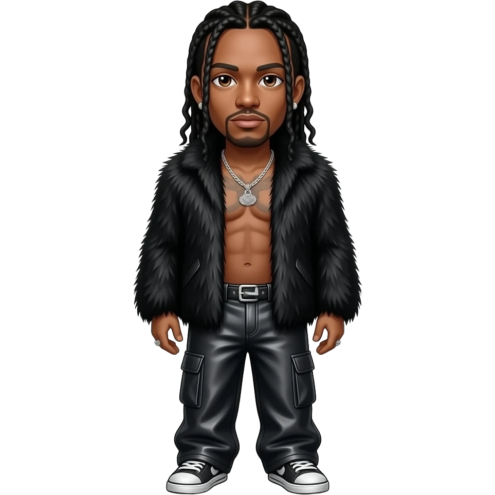 Bizzy Bone from Bone Thugs-N-Harmony with brown eyes, long black hair, black fur shawl, black metallic baggy pants, shirtless with necklace and earrings emoji