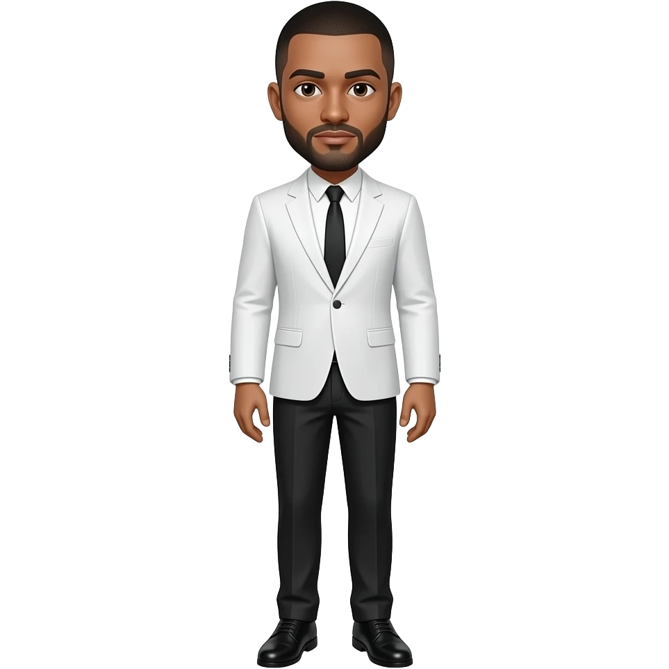 A white man with a black buzzcut, black stubble beard, long sleeve white suit with a black tie, black pants with black shoes, emoji