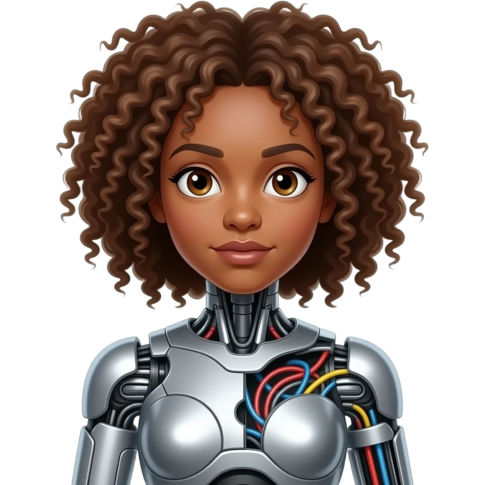 Make a half girl half robot and have the head part be the human and the body robot and make the girl a black girl  with light brown curly hair emoji