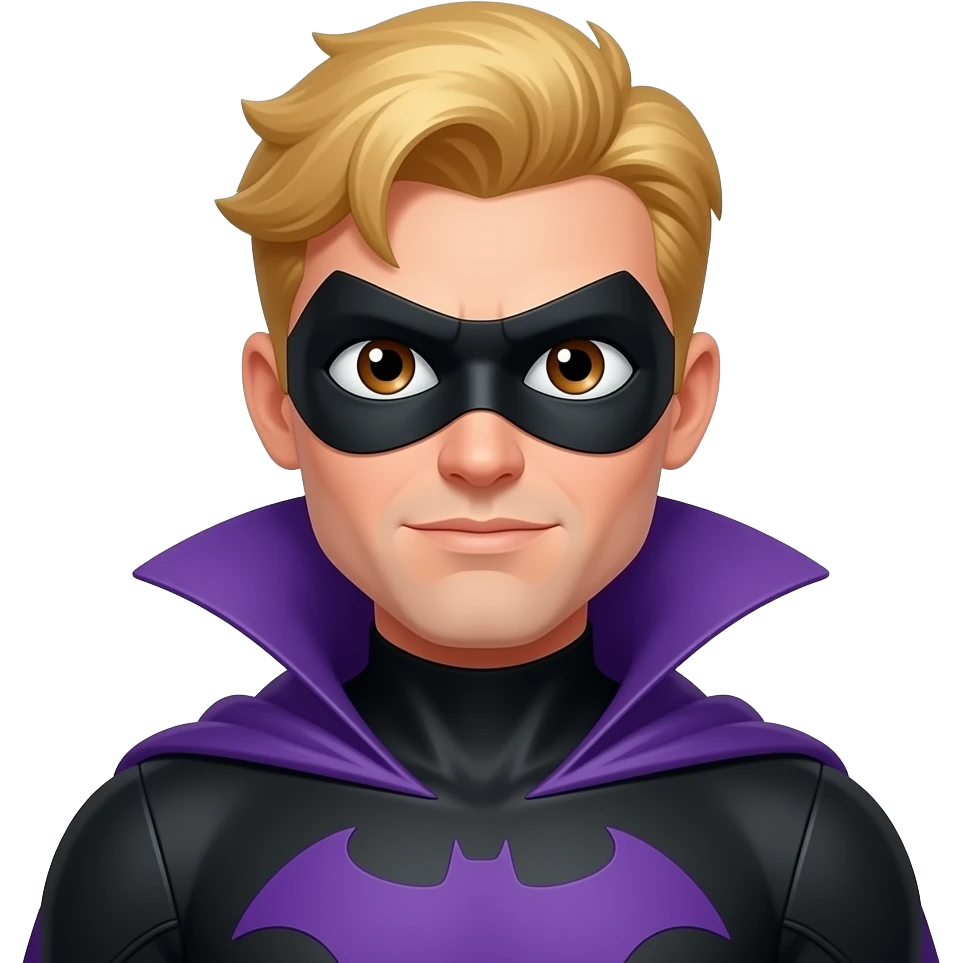 Super hero, blonde hair, black costume, purple cape, brown eyes, black domino mask, male emoji