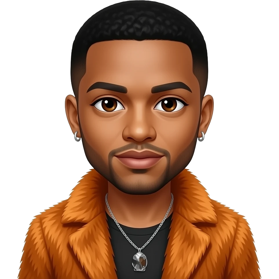 Trey Songz with dark brown eyes, black buzz cut hair, orange fur coat, shirtless with necklace and earrings emoji
