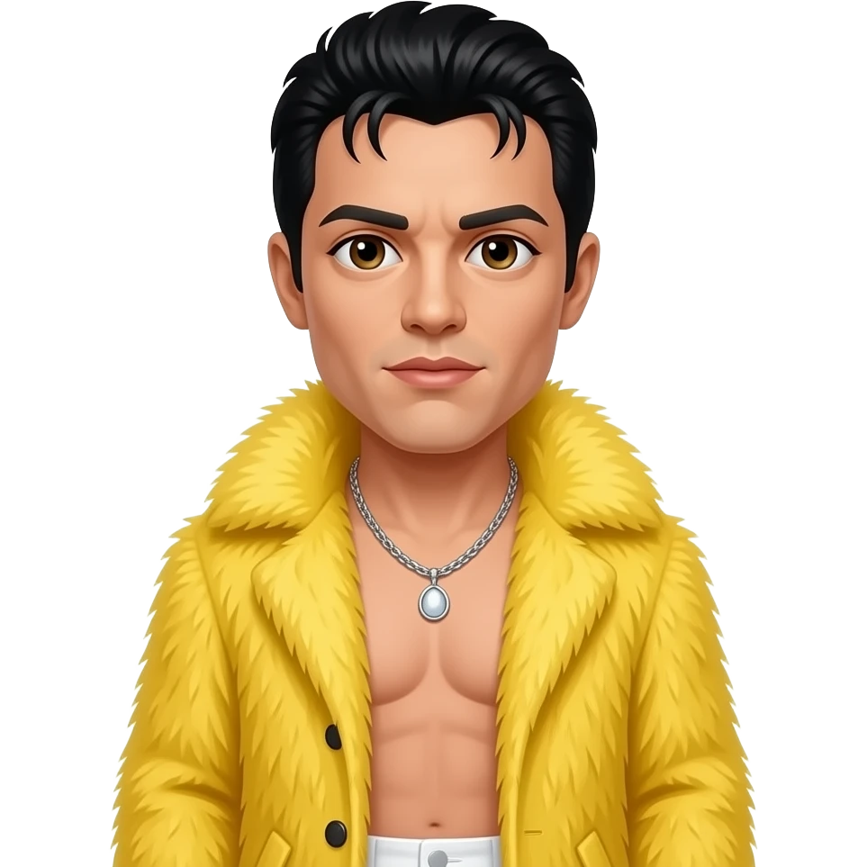 Freddie Mercury with dark brown eyes, black hair, yellow fur coat, white chrome baggy pants, shirtless with necklace emoji