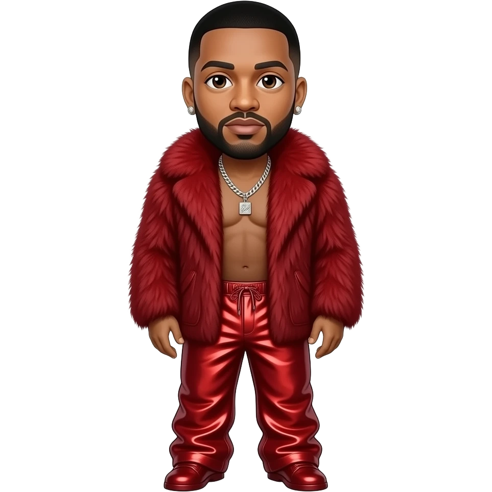 DJ Khaled with dark brown eyes, black buzz cut hair, red fur shawl, red metallic baggy pants, shirtless with necklace and earrings emoji