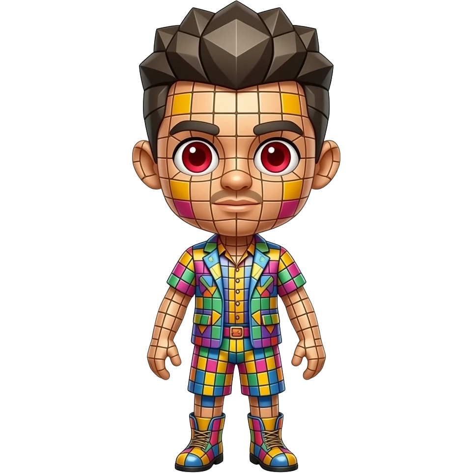 A full body Mosaic Tile entity with a big head and small body, vibrant ...