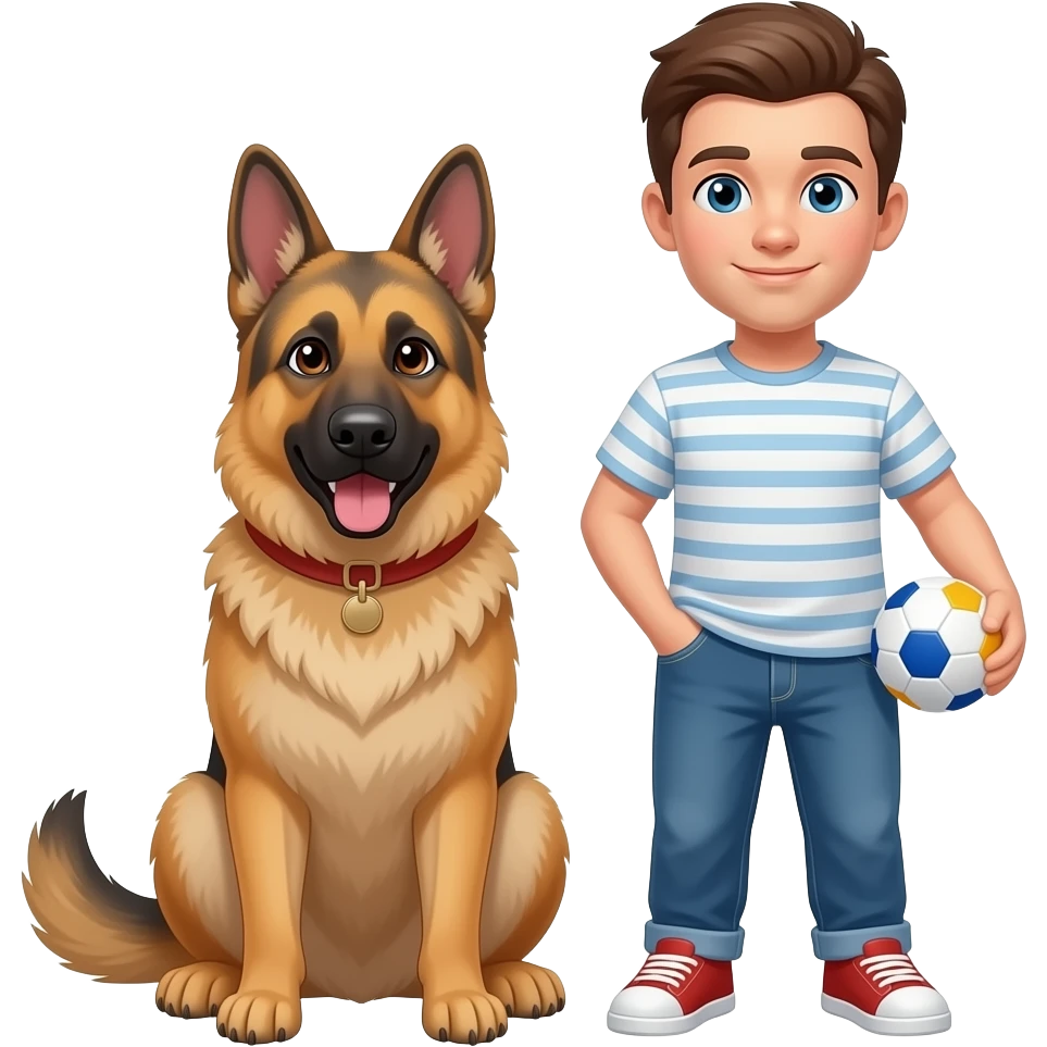 Hazme este emoji con un pastor alemán al lado sentados ambos con una pelota emoji