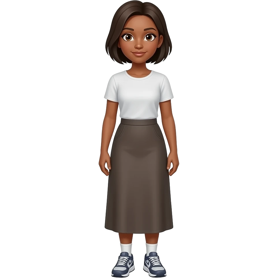 A full body White/Fair skinned woman with very short dark brown hair and brown eyes and wearing a long skirt, a t-shirt, socks and running shoes. emoji