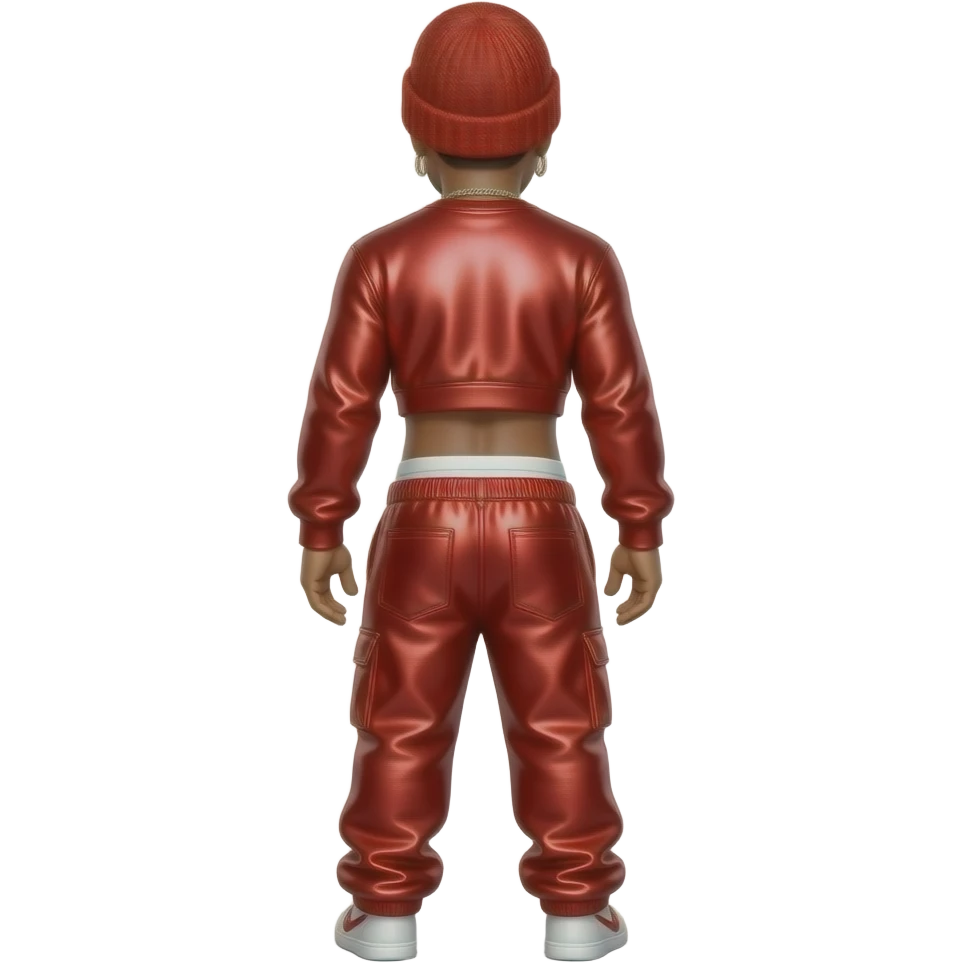 LL Cool J from behind with red metallic beanie, red metallic sweatshirt crop top, red metallic saggy pants with white undies emoji