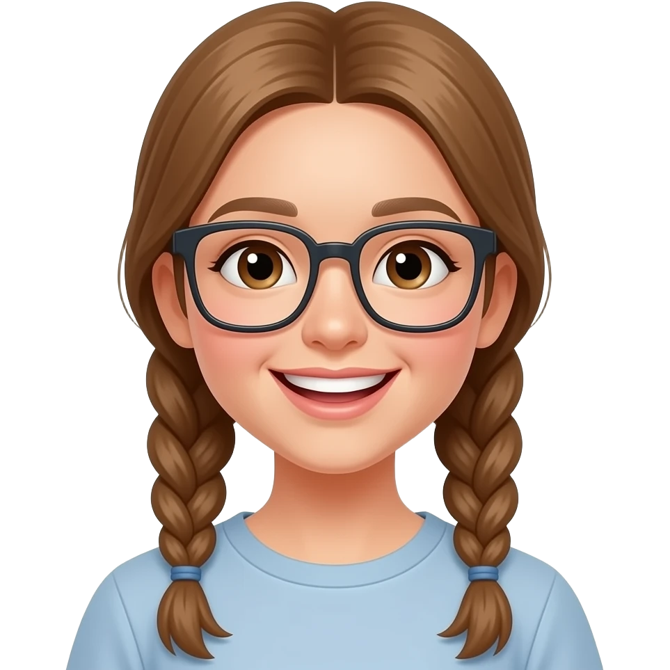 14-year-old Asian girl with long light brown braids, square glasses, big loud smile emoji