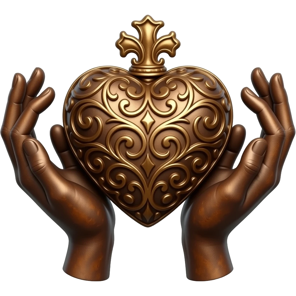 Two very thin, elegant, rusted female hands hold a bronze royal heart ...