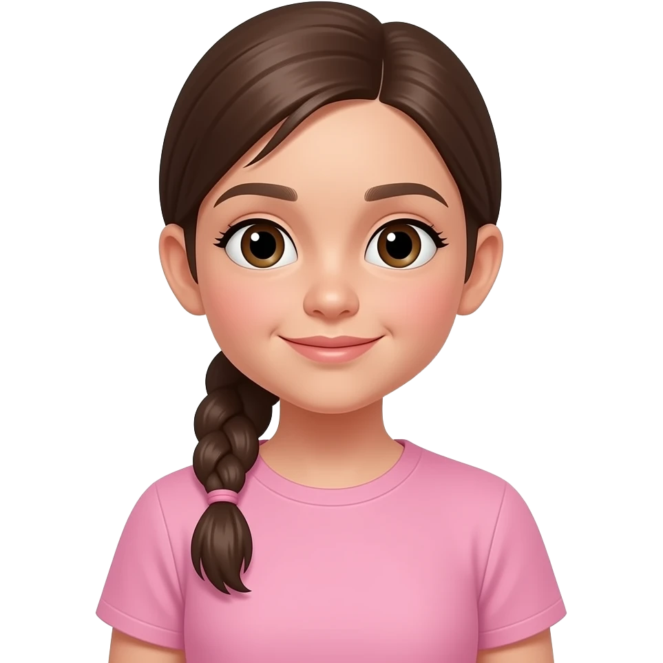 Ragazza di 11 anni con capelli raccolti in una coda  bassa ha la maglietta rosa pastello chiarissima e non ha la treccia emoji