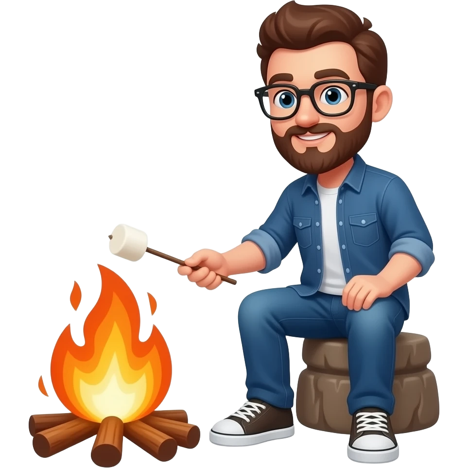 marshmallow roasted on fire with brown beard and glasses emoji