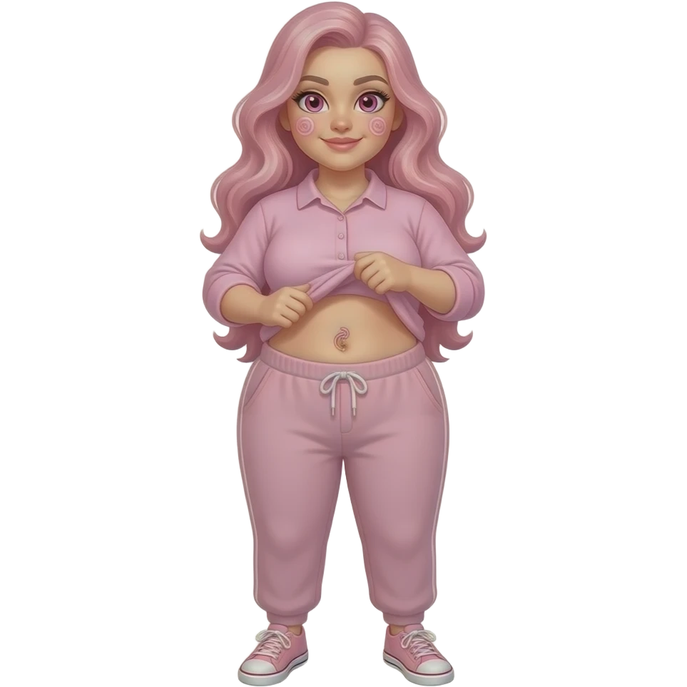 White fat girl pink eyes light pink swirly long hair pink swirl cheeks light pink plain long sleeve shirt light pink sweat pants light pink shoes lifting her shirt showing swirly belly button emoji