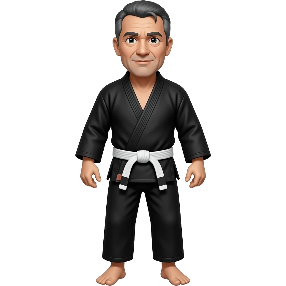 Middl aged old man. Gray,Black hair BJJ fighter wearing Black BJJ gi with White belt. Full body emoji