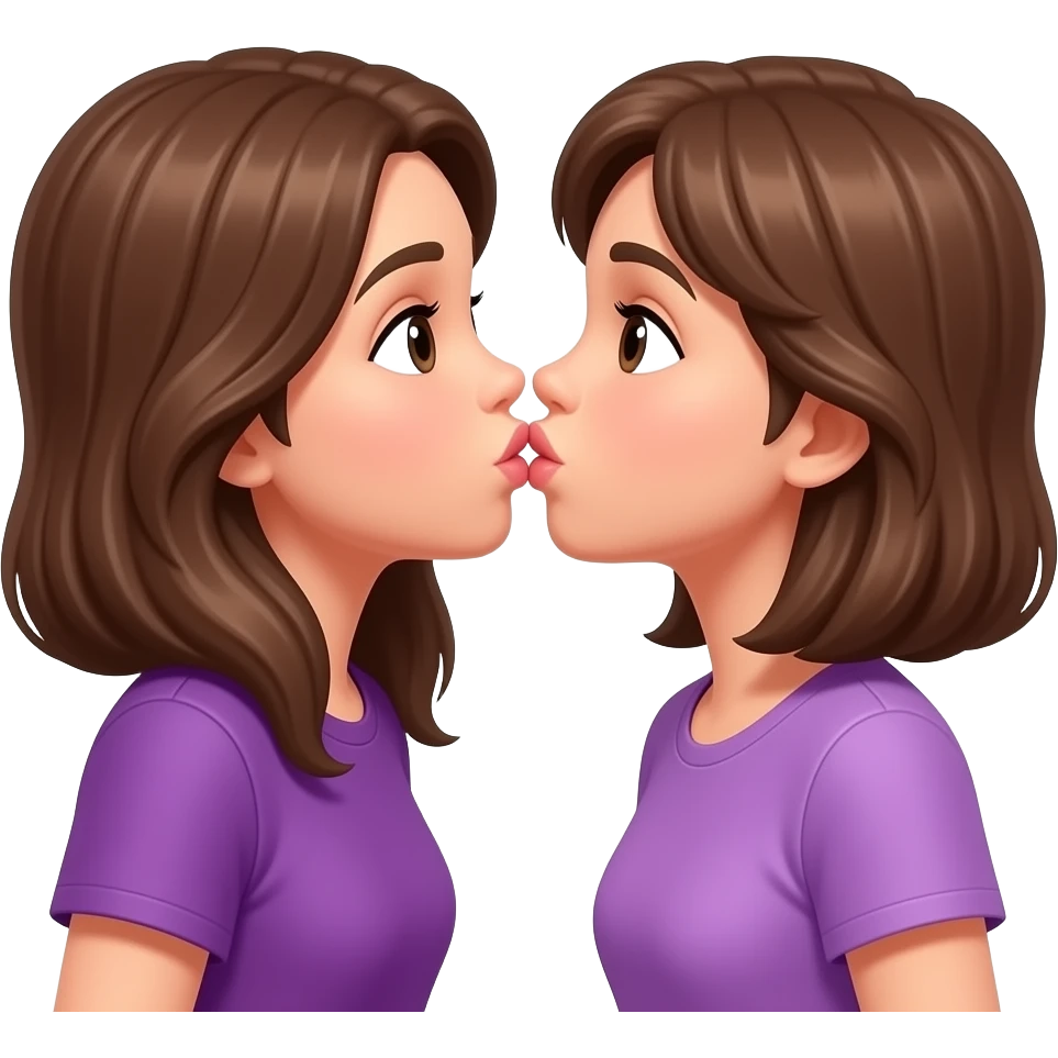 انشئ ايمجي لفتاة شعرها بني وملابسها بنفسجية وضعية قبلة emoji