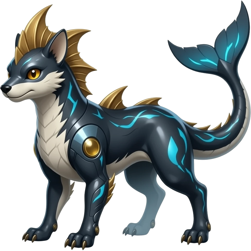 Tough realistic glossy oily smooth Quadrupedal digitigrade shiny glossy smooth finned frilled gothic tall slim unique epic legendary shiny edgy cool cyberpunk-solarpunk-fantasy-Sharpedo-Sceptile-Sprigatito-Flyogn-Vaporeon-Electrike-Fakémon-hybrid with an orca tail emoji